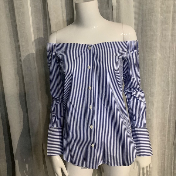 Rag & Bone Blue/White Stripe Off the Shoulder Long-Sleeve Cotton Blouse - Picture 4 of 9